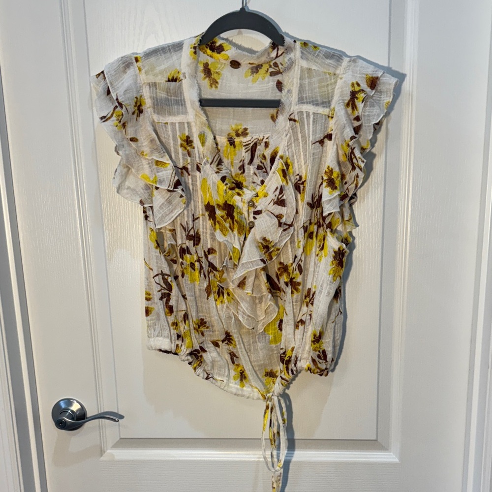 Free People Floral Ruffle Women's Top Brown Yellow Ruffle V Neck Size L NWT